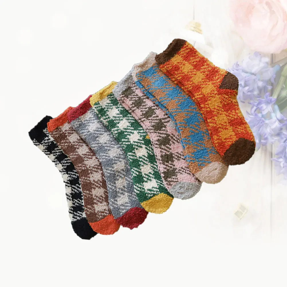 

7 Pairs Coral Fleece Socks Women Warm Ankle Winter Bed Sleep Soft Comfortable Lattice Design Men Fluufy