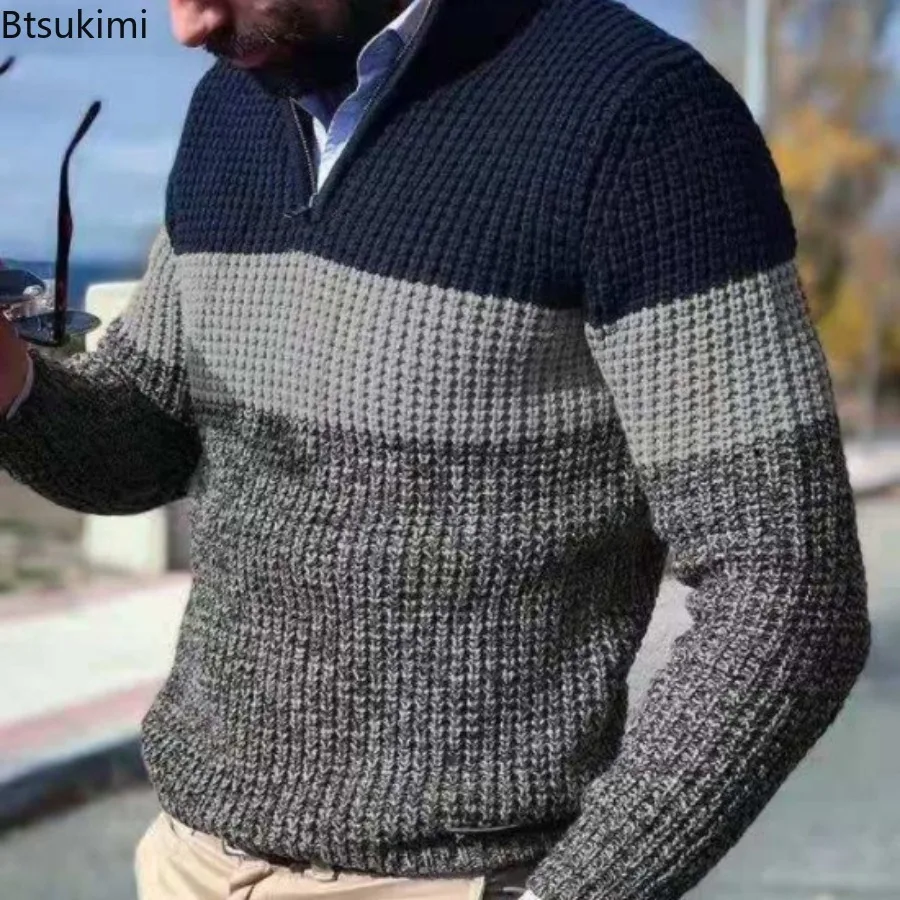 Harajuku Patchwork Print Men Thick Sweater Male Casual Long Sleeve Zipper Jumpers Knit Warm Autumn Winter V Neck Pullovers Top