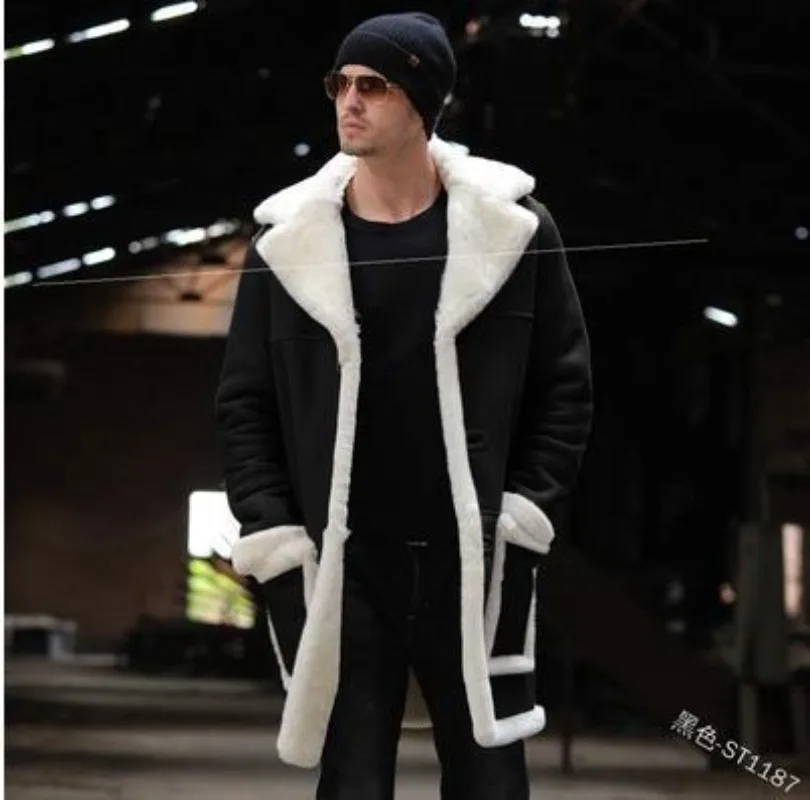 Men Mid-length Jacket Coat Large Lapel Long Sleeve Pockets Plush Lining Thickened Suede Outwear Fur Single-breasted Coat