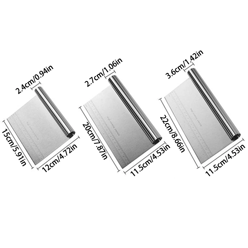 スケール付きステンレス鋼小麦粉カッター、生地カッター、ベーキングスクレーパー、米麺スクレーパー、ロールハンドル、15 cm、20 cm、22cm