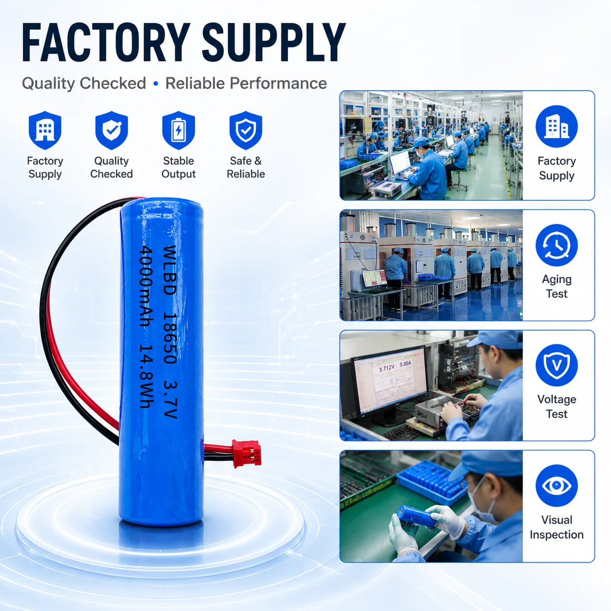 3.7V 18650 Lithium Battery 4000mAh 14.8Wh Rechargeable Li-ion Cell with PH2.0 Connector Wire for LED Light Power Bank Fan DIY
