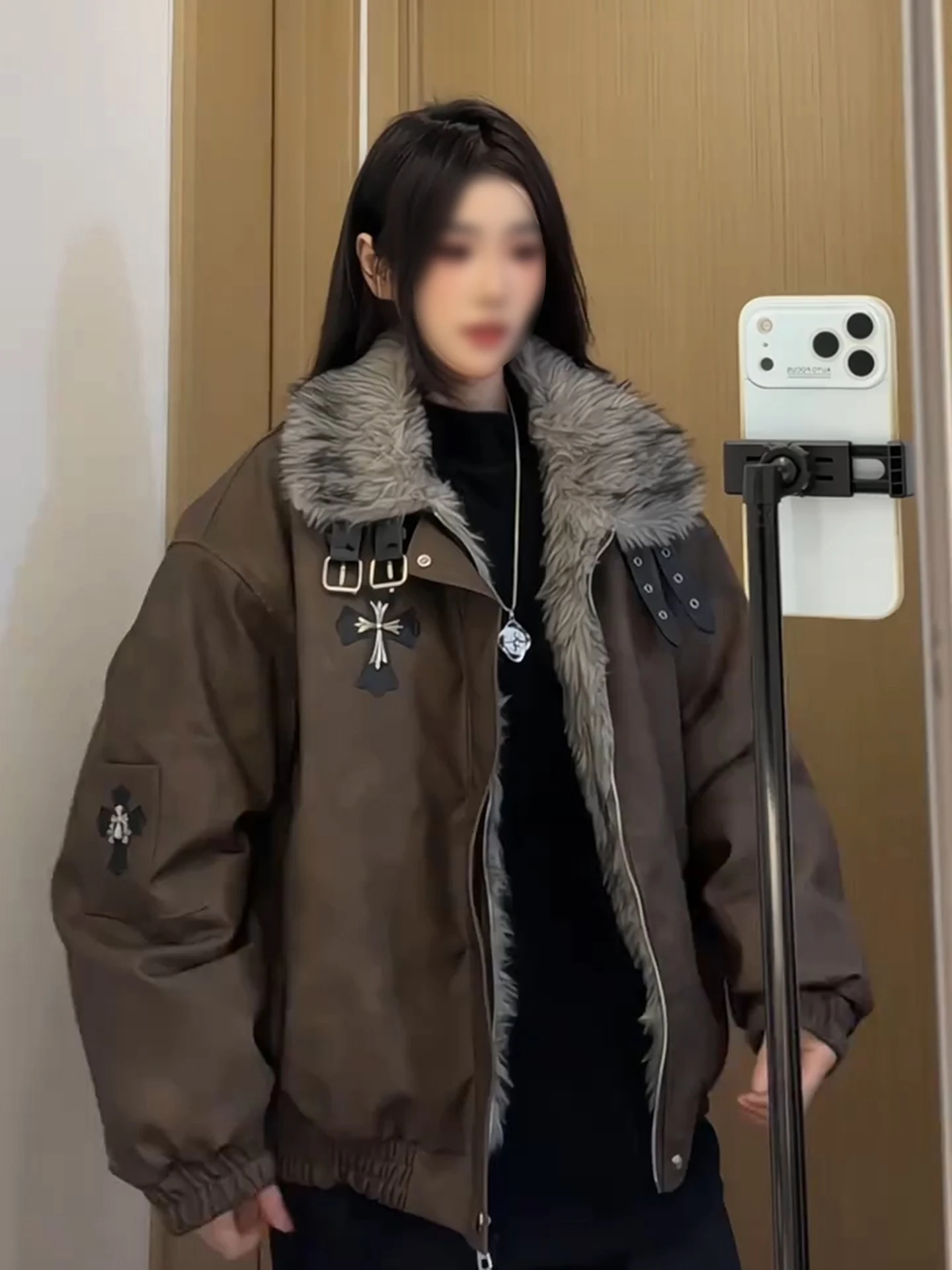 

American Sle Thiened Winter Jaet Men's Cotton Coat with Fur Collar Mountain Eagle Cross Design Warm And Sli Couple'...