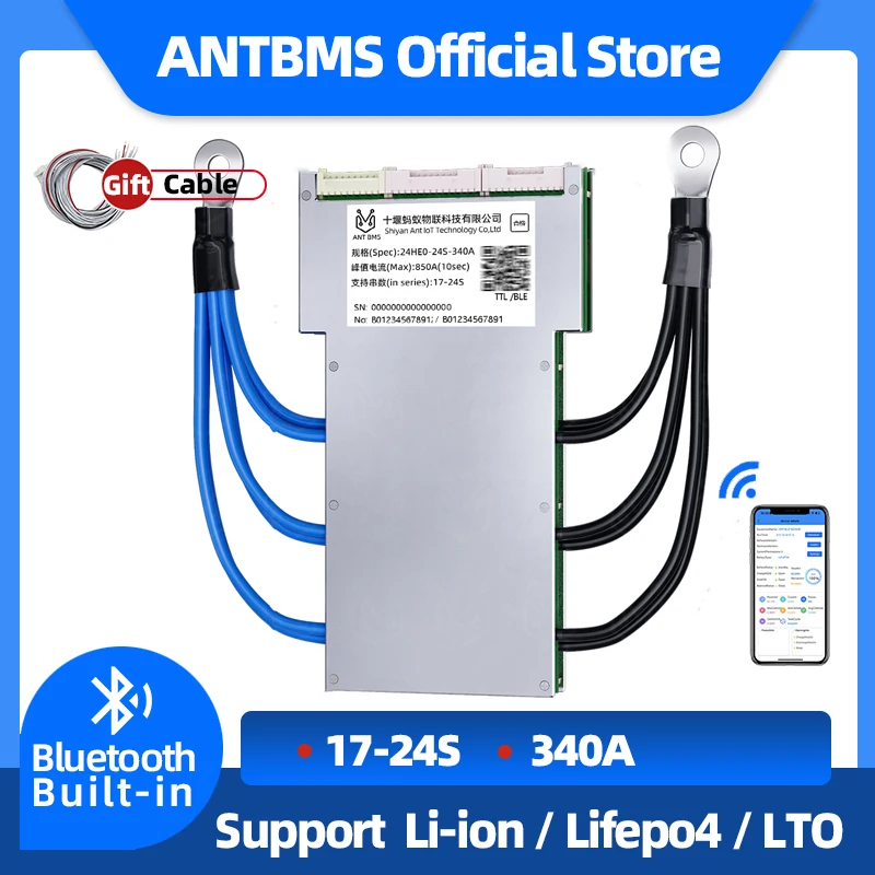 ANT smart BMS 17S-24S continuous 220A peak 550A Lifepo4 Li-ion Battery smartbms 48V 60V 72V Bluetooth Built-in smart balance