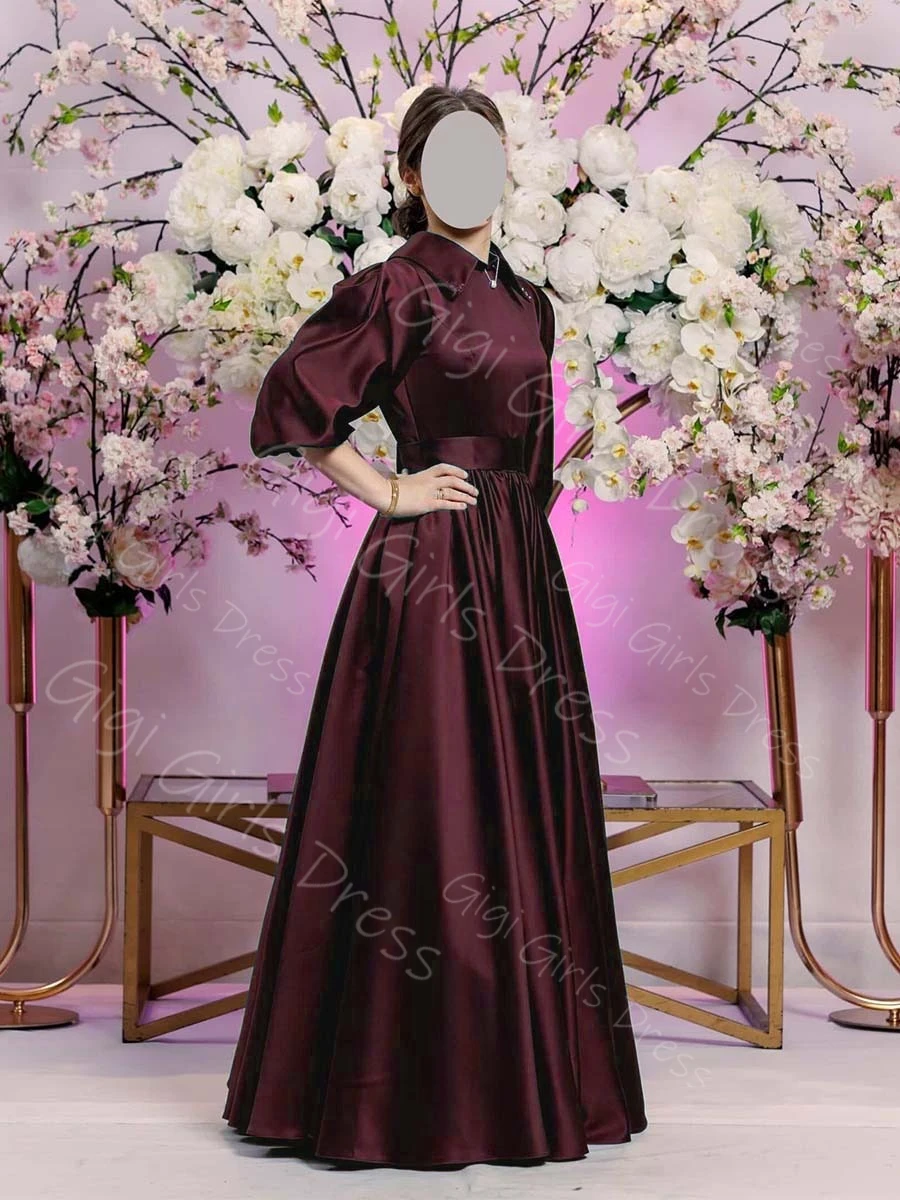 ชุดเดรสทรงเอไลน์สำหรับเพื่อนเจ้าสาว คอปกเสื้อ แขนทรงบอลลูน ชุดงานแต่งงาน ชุดราตรี ชุดออกงานยาว ชุดแม็กซี่  รับตัดตามสั่ง