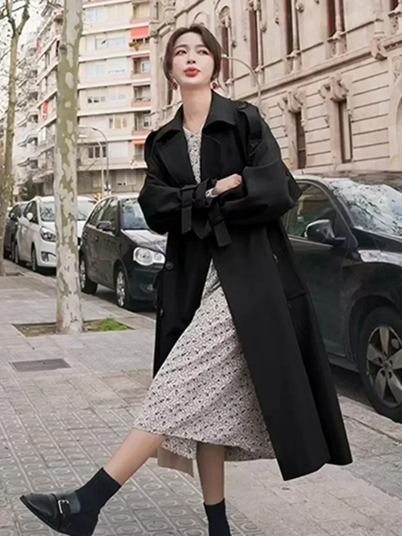 Gabardina larga de doble botonadura con cuello en V para mujer, abrigo informal ajustado de Color sólido, elegante, 2022