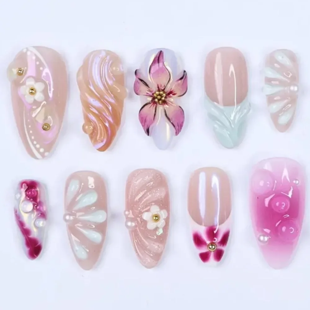 24pcs Gradient 3D Carving Wearing Armor Hot Selling Pure Desire to Show White Nail Art Personality Spicy Girl Almond Fake Nail