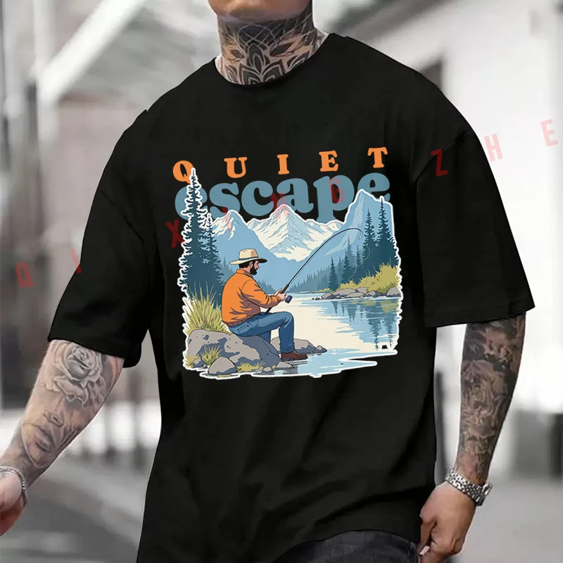 camiseta-masculina-e-feminina-de-algodao-casual-manga-curta-gola-redonda-com-estampa-de-homem-sentado-nas-rochas-pesando-peixes-com-motocicleta
