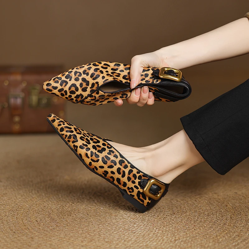 2026 New Spring Trend Genuine Leather Flats Sexy Lady Pointed Toe Leopard Flat Shoes Buckle Style Pattern Slip-on Fashion Pumps view 3