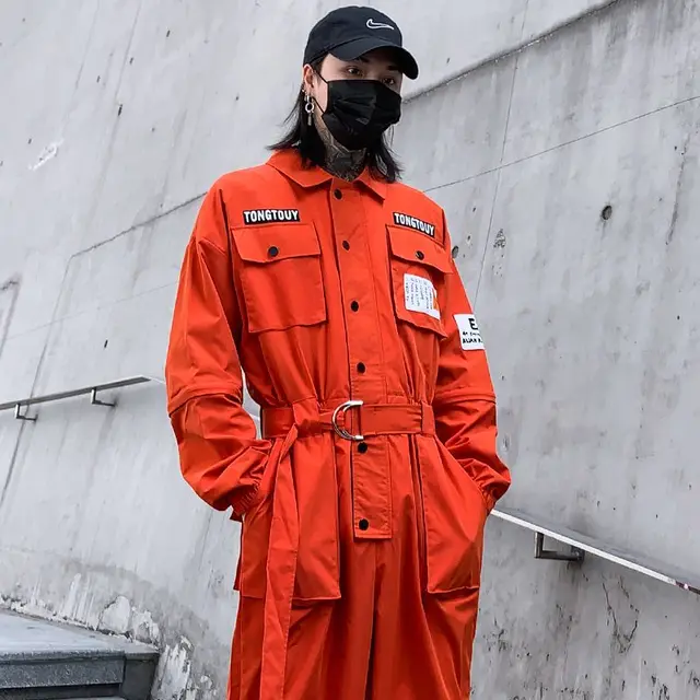 Spring Overalls Men Jumpsuit Cotton Letter Embroidery Beam Feet Coverall Pants Multi Pocket Workwear Black Orange Loose Trousers
