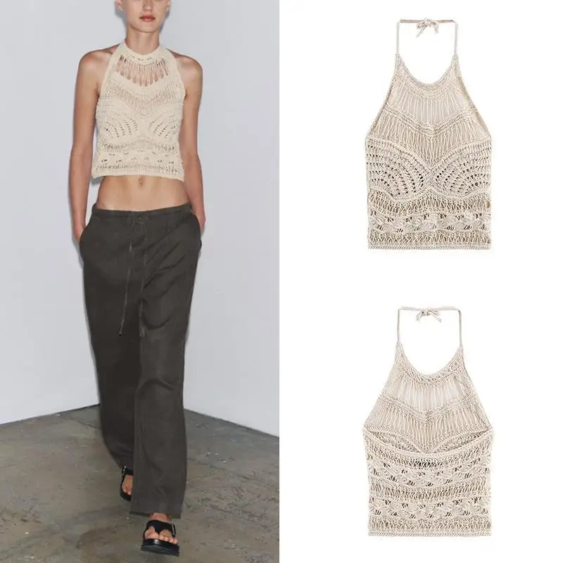 

Faionable Hollow out Knitted Neline Top for Women Summer 2025 Street Sle Slim Fit ort Length Pure Color Design