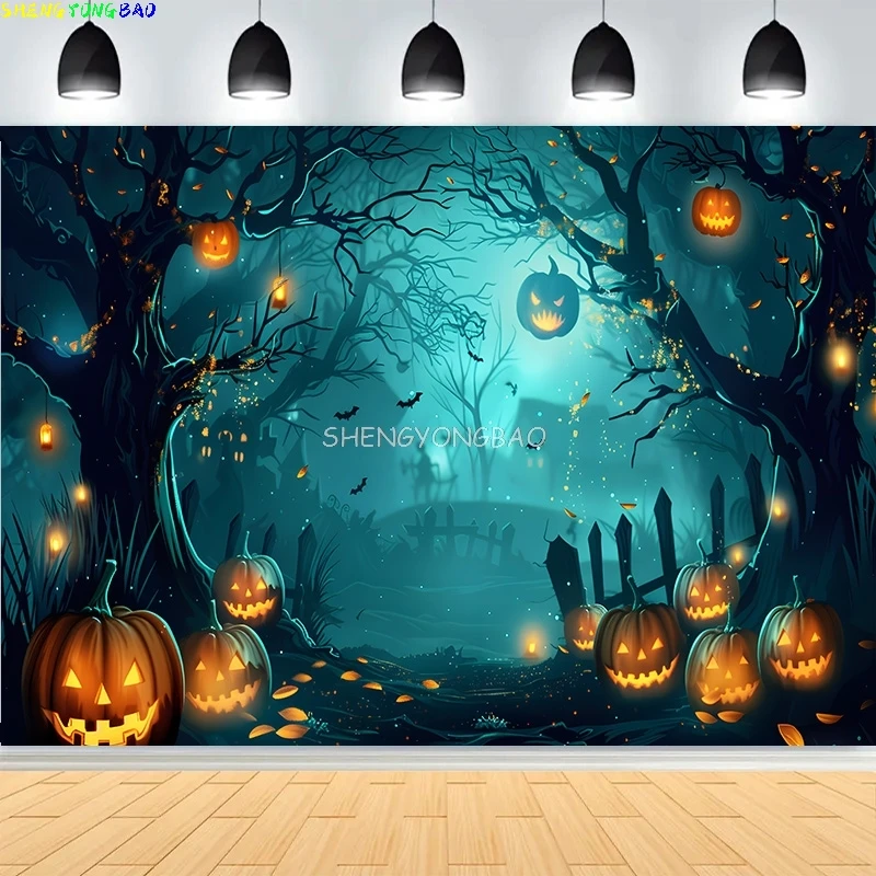 

Autumn Thanksgiving Day Photography Backdrops Fall Scary Pumpkin Barn Moon Halloween Day Party Castle Photo Background NG-34