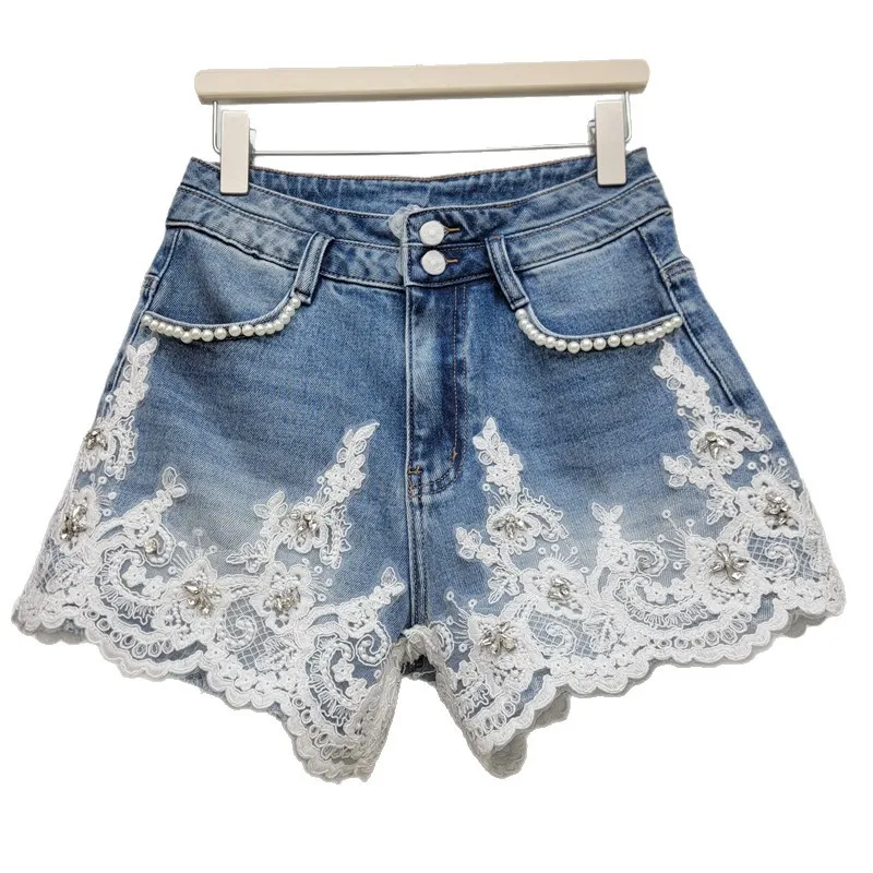 ANJY Summer New Women Sweet Tide Heavy Lace Patchwork Diamond Pearl Denim Shorts Distressed Washed Vintage Chic Hot Pants A24528