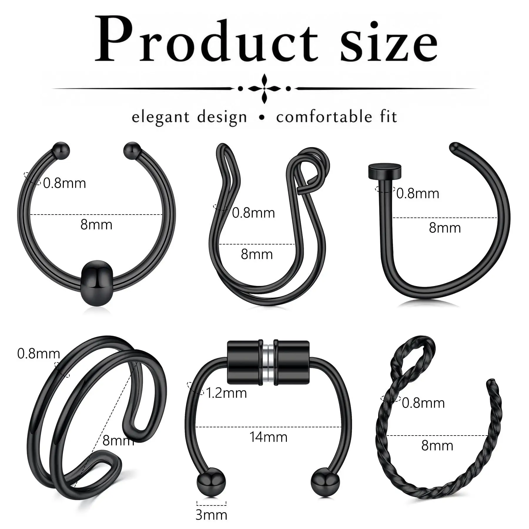 6pcs Stainless Steel Magnet Fake Nose Ring Hoop Fake Piercing Hoop Septum Rings For Women Fashion Gothic Rock Body Jewelry Gifts