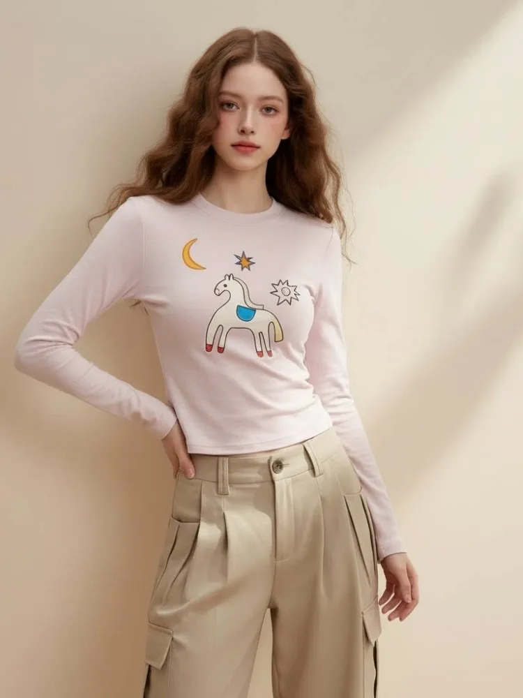 Spring Women Pink Sweet Cute Slim Fit T-shirts Long Sleeved Fashion Pony Pattern Tops Round Neck Embroidery T-shirt Hot Sale
