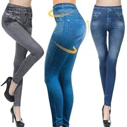 Seamless High Waist Cotton Imitation Denim Women Leggings Hollow Out And Sexy Design Slim Soft Women Pants Elastic Pocket Jeans