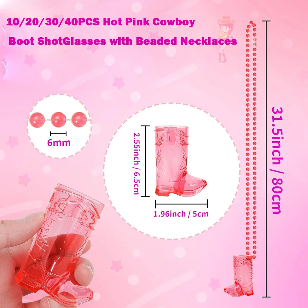 10/20/30/40 Pcs Hot Pink Cowboy Boot Shotglasses With Beaded Necklaces Suitable For Single Birthday Wedding Party Weddings
