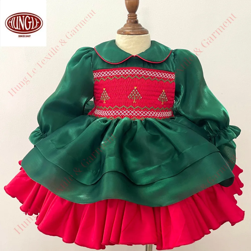 

Wholesale Green Color Smocked Dress Shiny Organza Fabric Short Sleeve Embroidered Christmas Tree Formal Style Christmas Party