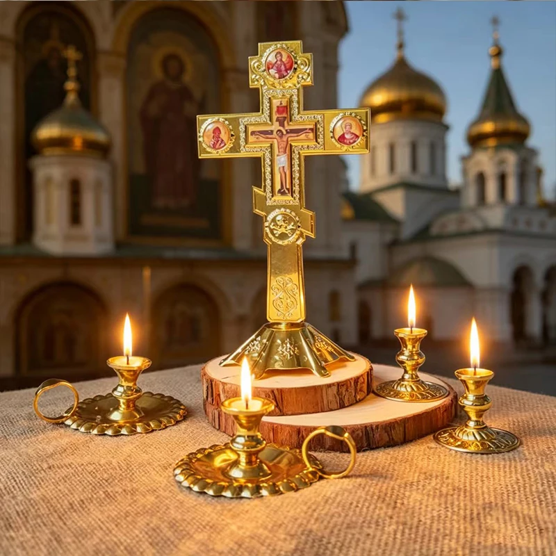 

New Handcrafted Gold Plated Orthodox Standing Cross with Holy Icons and Base for Church Liturgy Home Altar Prayer Christian Gift