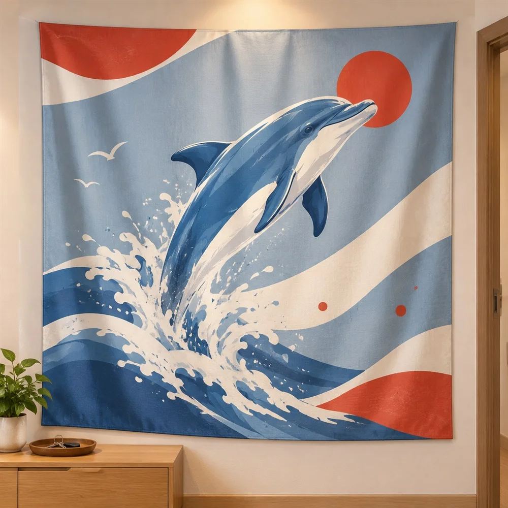 VIKAMA Dolphin Wave Tapestry Wall Hanging, Sea Animal Coastal Aesthetic Room Decor Tapestries for Bathroom Bedroom Kids Room
