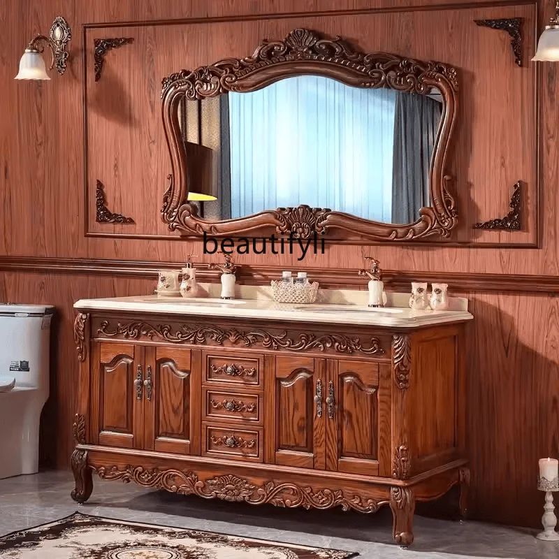 European-Style Bathroom Cabinet Red Oak Double Basin Wash Basin Washbasin Cabinet Floor Washstand