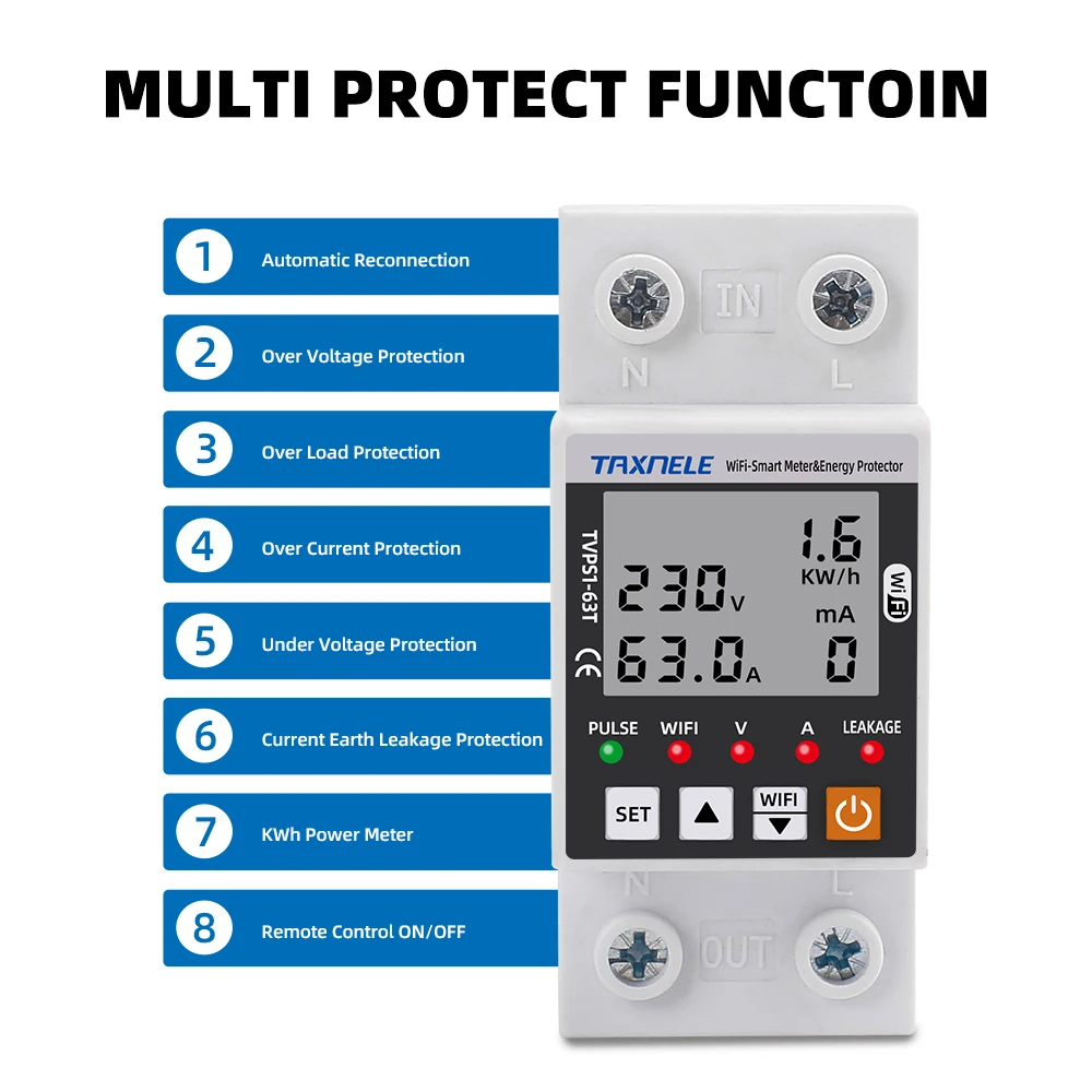 63A TUYA WiFi Inteligentny wyciek uziemienia Zabezpieczenie podnapięciowe Urządzenie przekaźnikowe Przełącznik Wyłącznik Energia Moc kWh Miernik