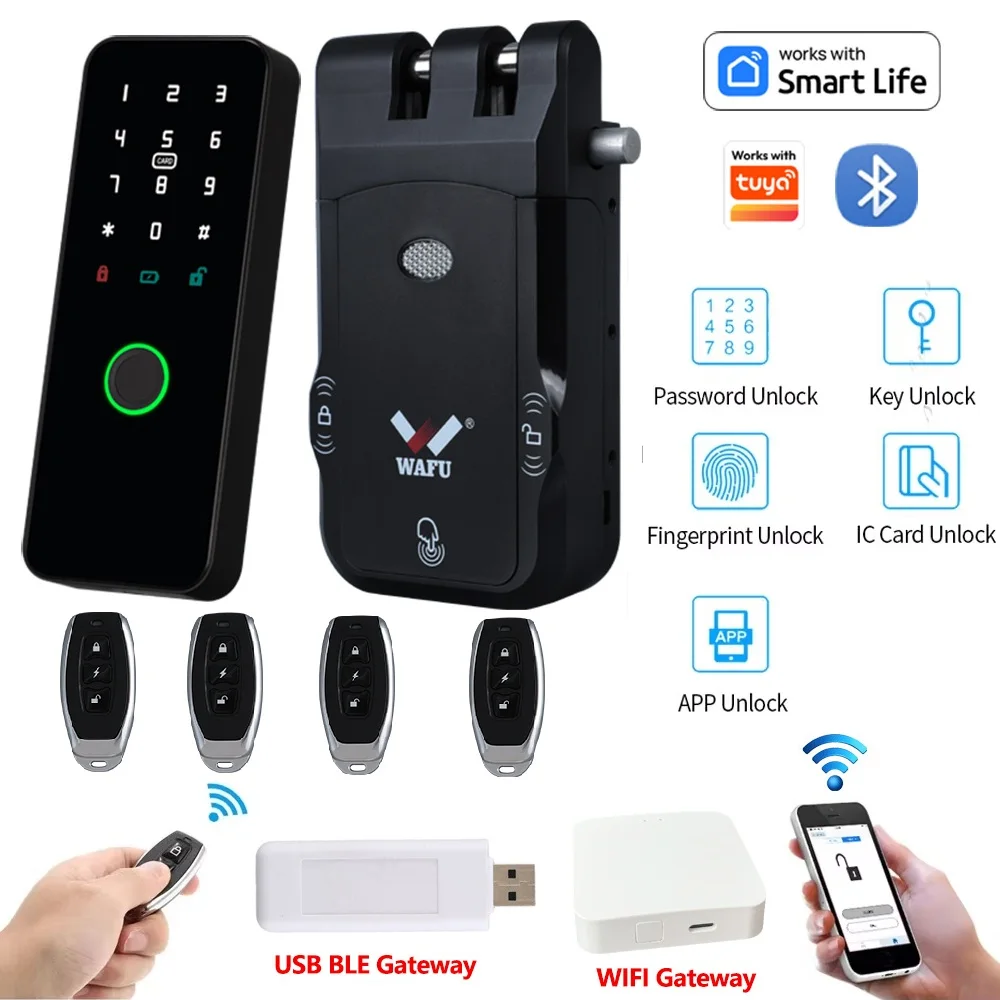 WAFU 026 Waterproof Tuya APP Smart Door Lock Metal Fingerprint Card Password Access Anti-theft invisible Remote Control Lock