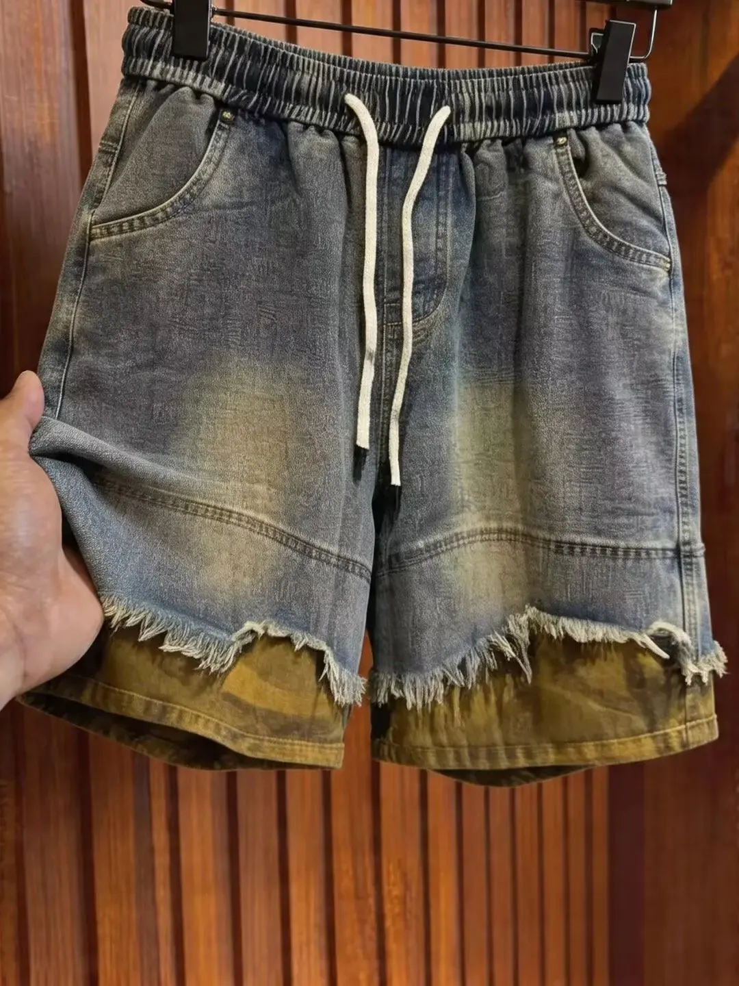 American Retro Camouflage Patchwork Men's Shorts Summer Drawstring Loose Wide Leg Jeans mid Waist Straight Tube Five-Point