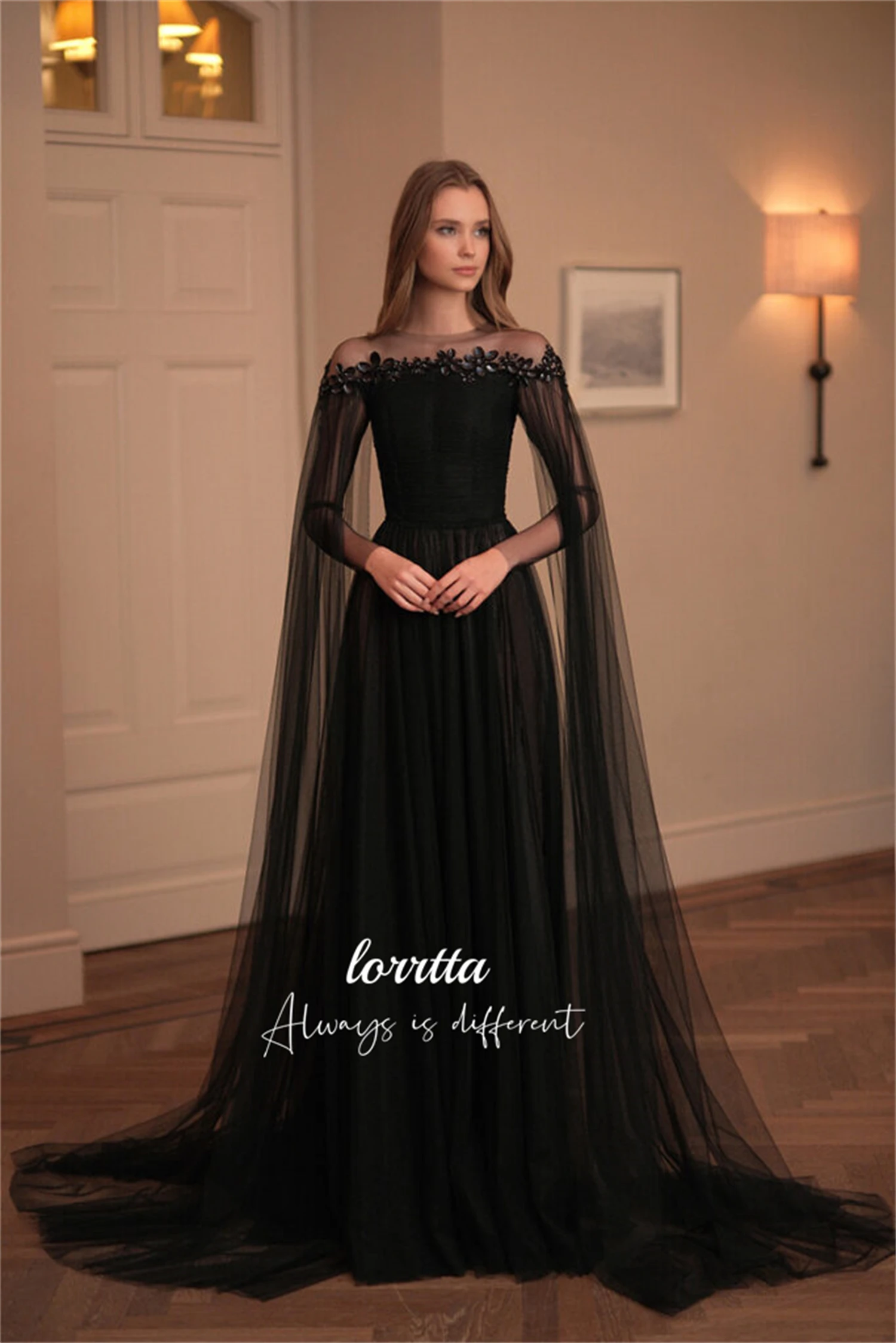 Lorrtta Shiny Decoration Black Evening Dress Line A Elegant Party Dresses for Wedding Night Prom Cocktail Gala Customized