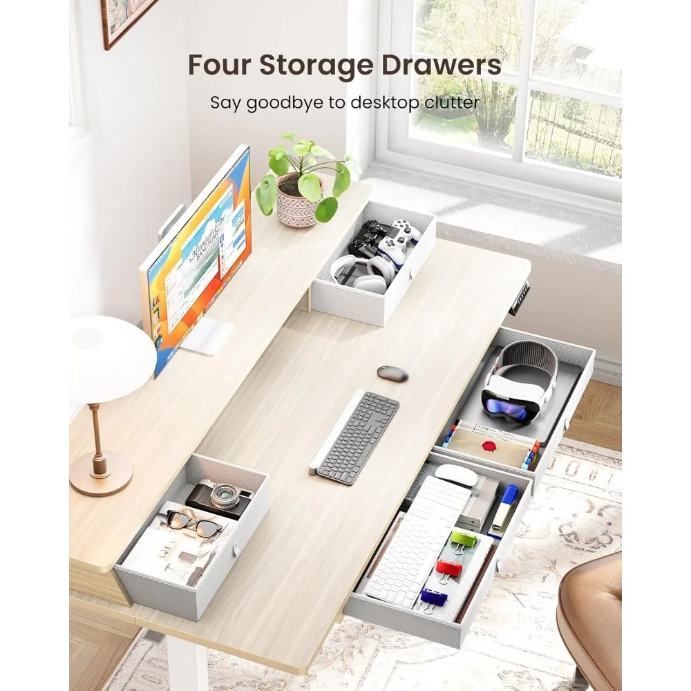 مكتب بارتفاع قابل للتعديل مع 4 أدراج، 55 بوصة × 30 بوصة، مساحة تخزين، متوافق مع مشبك C #4