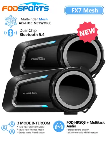 2Pcs Fodsporst FX7 메쉬 인터콤 오토바이 헬멧 헤드셋 듀얼 블루투스 5.4 모토 인터폰, 10 라이더 2000M, FM 라디오