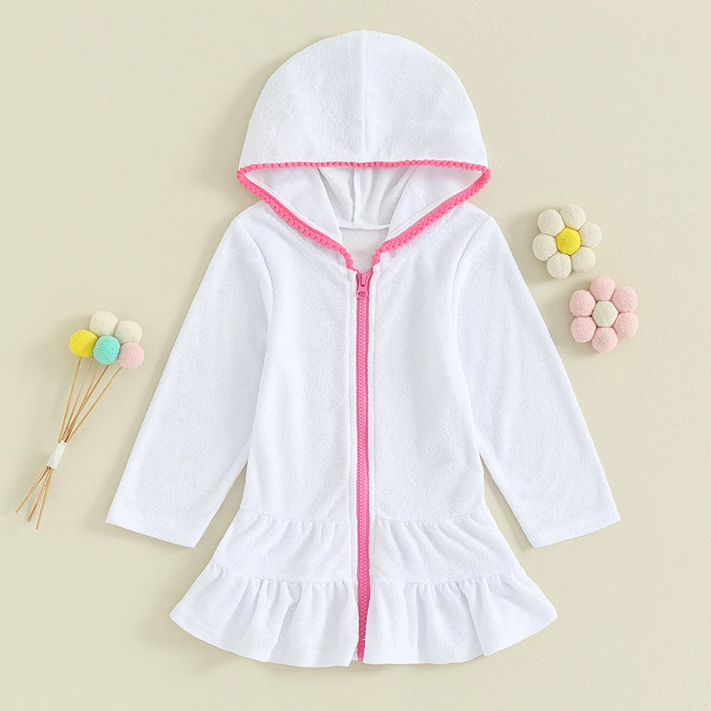 Girls Swim Cover Up Kids Long Sleeve Terry Coverups Zip Up Hooded Beach Pool Bathing Suit Wraps Kimono Swimsuit White Robe