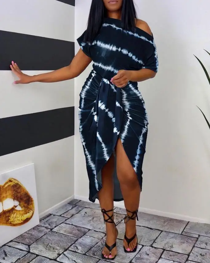 

Summer Fashion New Style Tie Dye Print Ruched Slit Casual Dress Sexy Women's Off The Shoulder Waist Striped Slit Dress