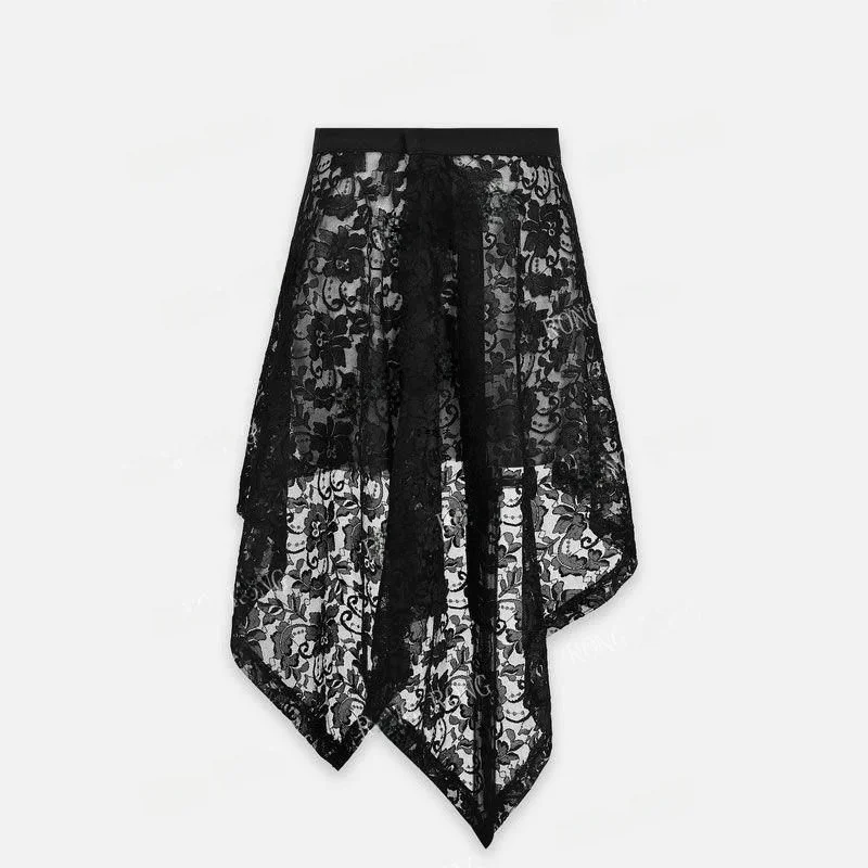 ファッショナブルなレトロレースのオルトスカート、アシンメトリーデザイン、スリムなハイウエストAライン、夏の新作、ポリエステル混紡素材