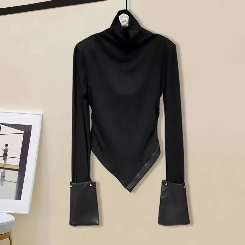 Trend Asymmetrical Long Sleeve All-match Tops Spring Autumn Solid Simplicity High Street T Shirts Fashion Korean Women Clothing