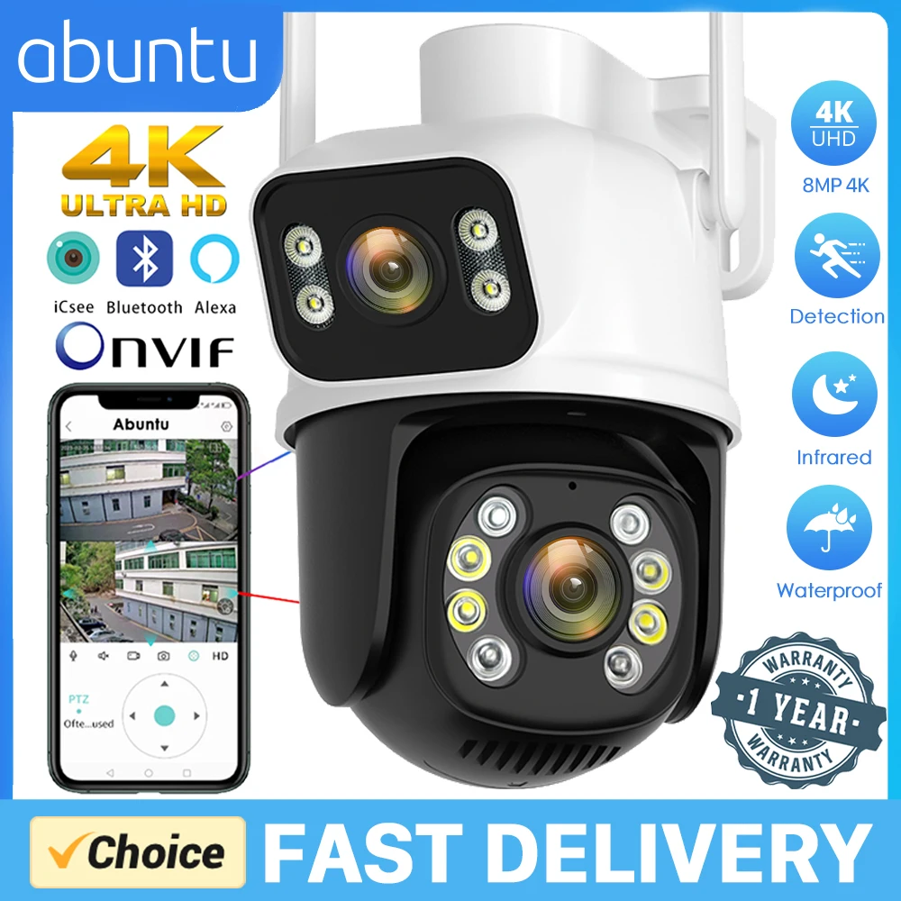 ABUNTU 8MP 4K Ultra HD Wifi Camera Dual Lens WIFI Surveillance Camera Dual Screens Color Night Vision PTZ Security Camera ICSEE