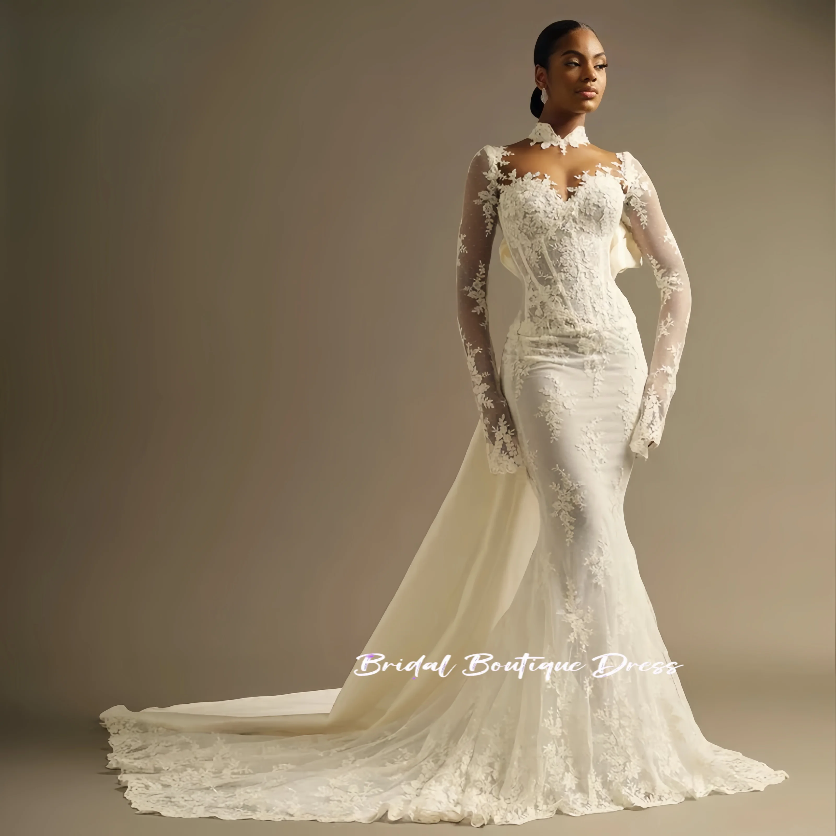 

Элегантное последнее сексуальное свадебное платье русалки по индивидуальному заказу, кружевное аппликация с длинными рукавами и съемным бантом, свадебные платья Vestidos De