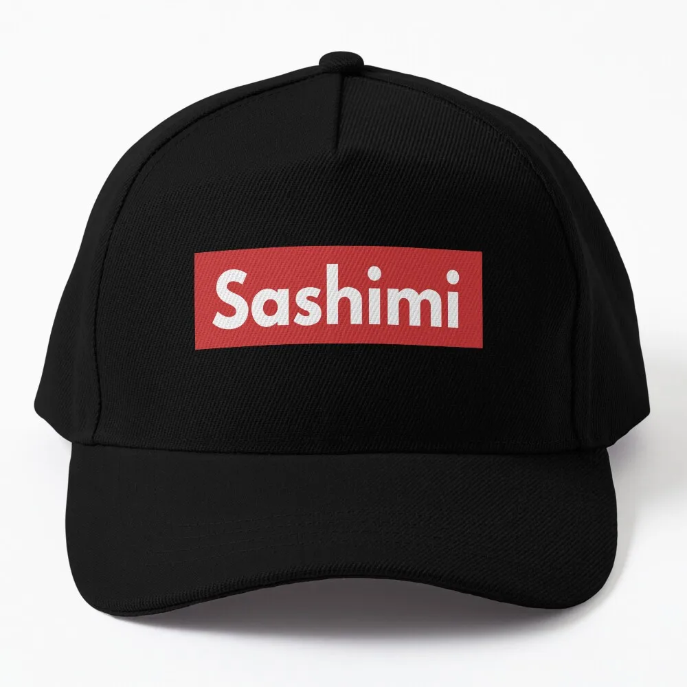 

Sashimi The Best Top And The Most Popular Food Lover Gift Red And White Text Based Designed Logo Parody Sarcasm Hum Baseball Cap