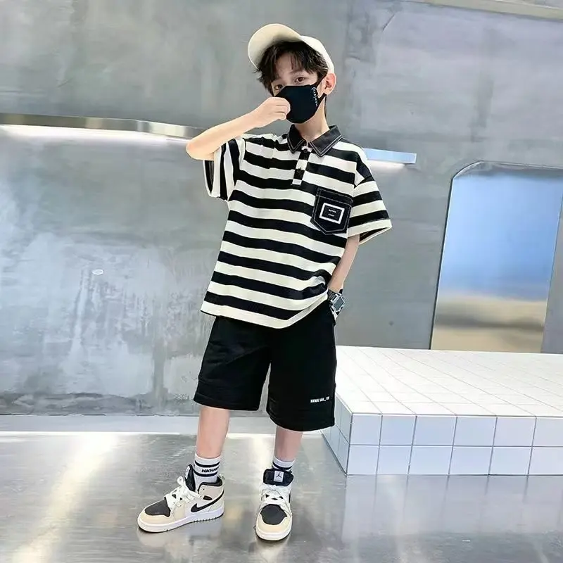 

Summer Children Boy Clothes Set Kid Lapel Stripe T-shirts and Shorts 2 Pieces Suit Teenage Short Sleeve Top Bottom Outfits