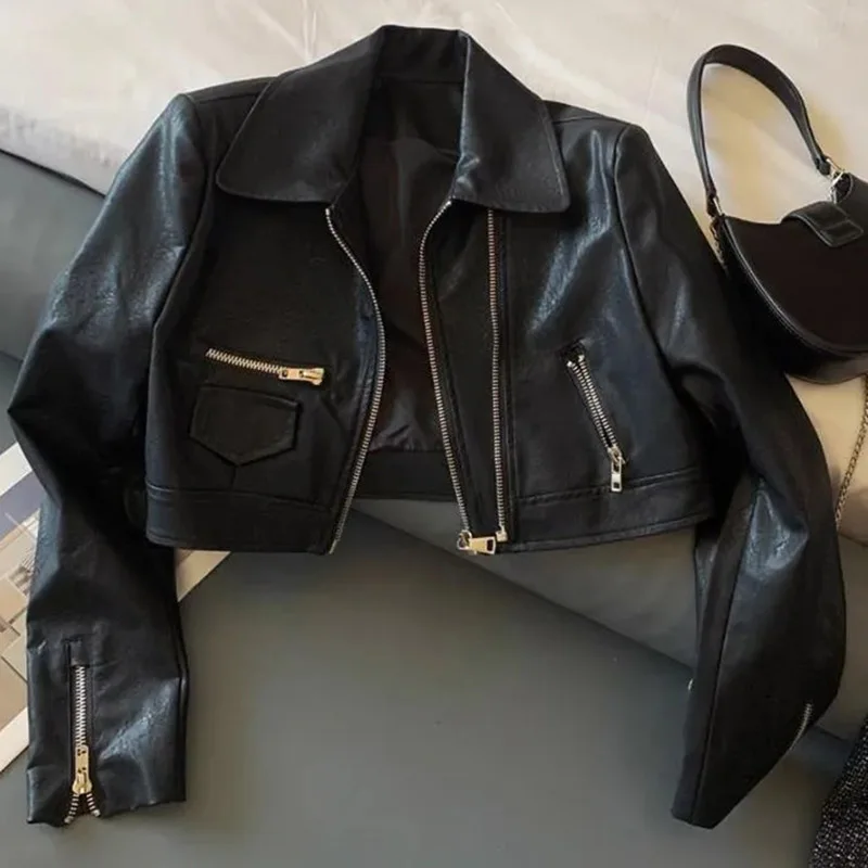 Spring Autumn Female Short Solid Color Leather Jacket Ladies Loose Fit Outerwear 2024 Women Double Zipper Leather Clothing Coat