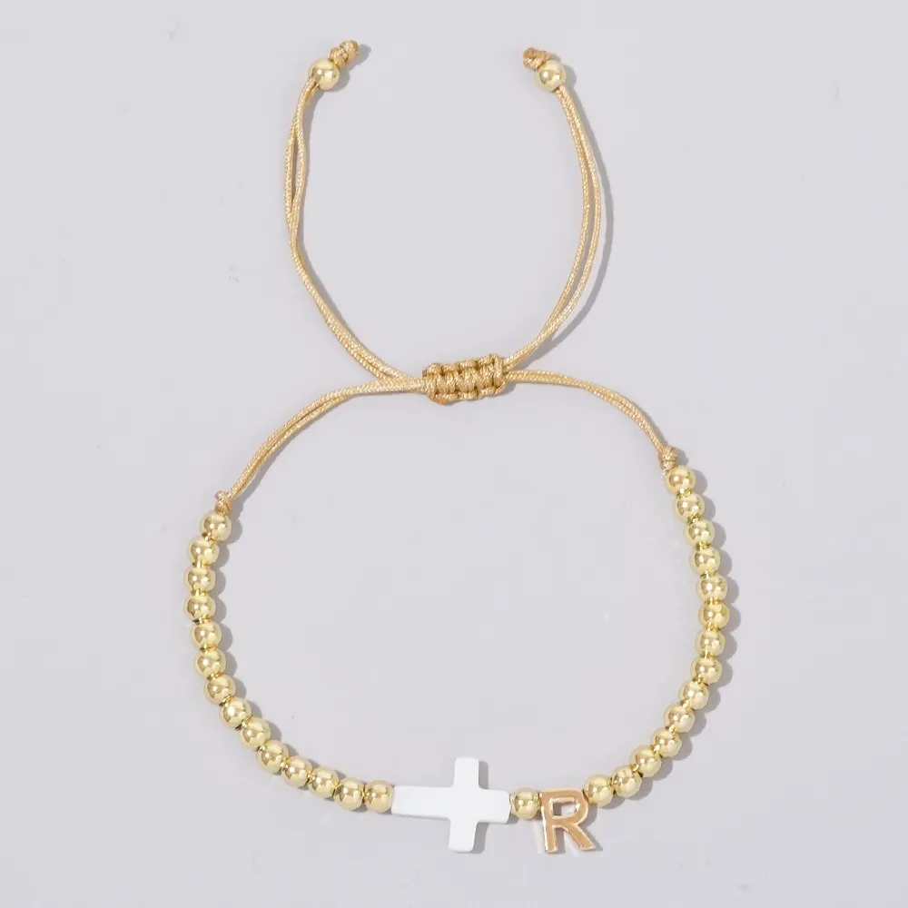 

Brass Round Bead Bead Bracelets Shell Brass Leeter Charm Bracelets for Women Men Letter R