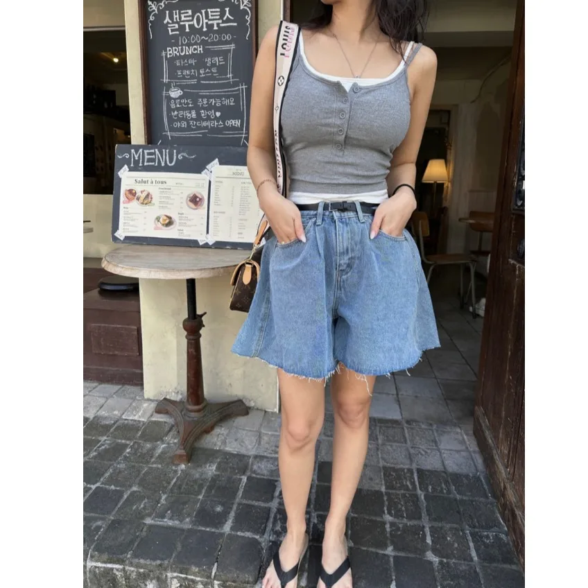 High Waist A-Line Spliced Super Large Denim Shorts with Frayed Hem Casual Style Wide Leg Jeans Short Pants for Women