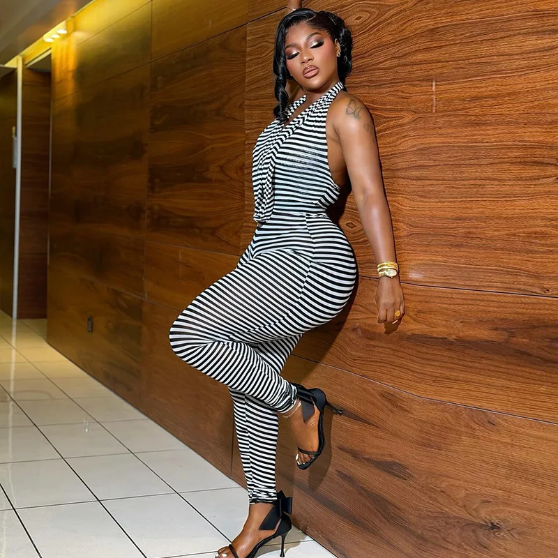

Women Sexy Striped Print Skinny Jumpsuits Swinging Collar Halter Backless Booty Lifting Slim Clubwear Overalls Streetwear Romper