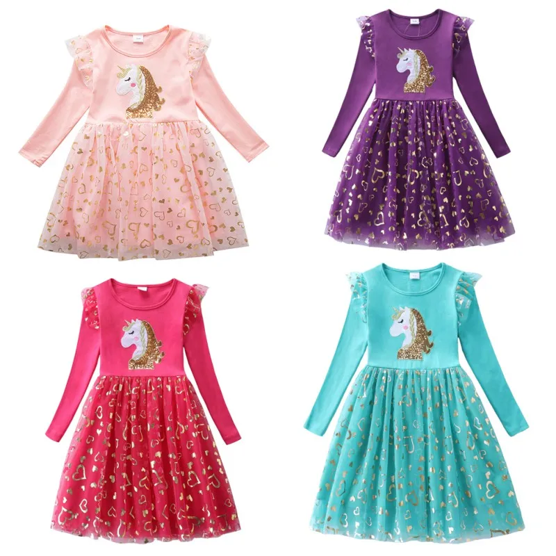 

Autumn Girls Dress Long Sleeve Cotton Cartoon Splicing Mesh Party Princess Dresses For 3-8 Years Girls Birthday Clothes