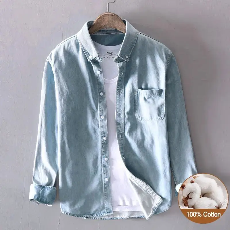 Spring Longsved Men's Denim Shirt 100% Cotton Breathable Comfortable Fit Thickened Fleece Lined Nine-Quarter Sleeve  Collar