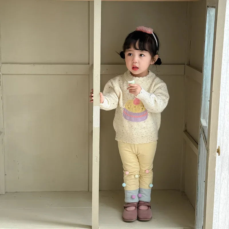 Suéter para niñas, ropa de invierno para niños, suéter de encaje de pastel grueso bonito de estilo coreano para niñas, informal, sencillo y dulce, 2024