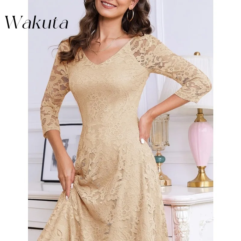 Wakuta Womens Long-Sleeve A-Line Lace Homecoming Bridesmaid Midi Dresses Wedding Guest Formal Party Dresses Mother of The Groom