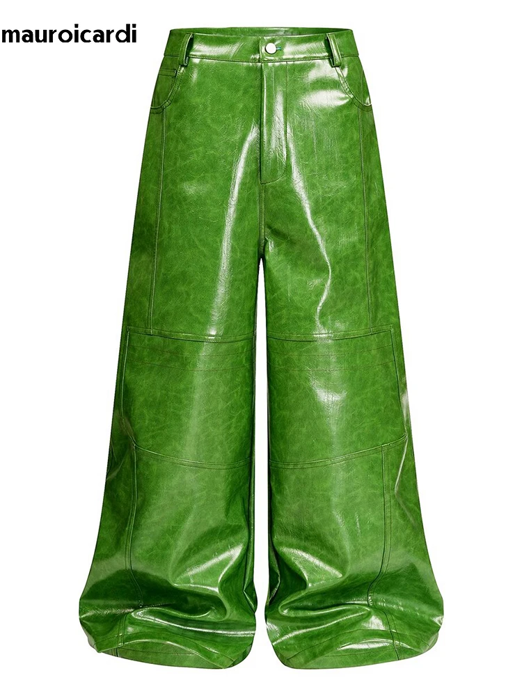 Mauroicardi Spring Autumn Cool Long Shiny Reflective Green Pu Leather Wide Leg Pants for Men Y2K Luxury Brands Original Clothes