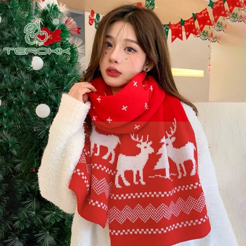 Winter Warm Scarf For Women Men Deer Elk Double-Sided Knitted Scarves Fashion Versatile Woolen Shawl Girls Christmas Present