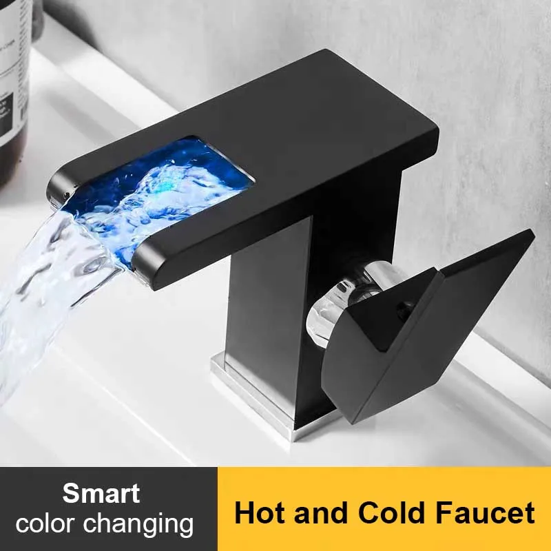 Imagem -04 - Smart Luminous Led Waterfall Faucet Cor Quente e Fria Torneira Misturadora Armário de Lavatório de Banheiro Desktop Quadrado