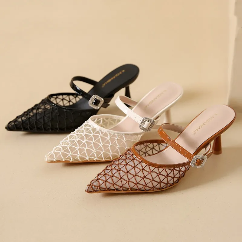

Retro Mesh Pointed Toe Brand Sandals Women Luxury Rhinestone Buckle Thin Heel Slide Sandals Elegant Dress Shoes Zapatos De Mujer